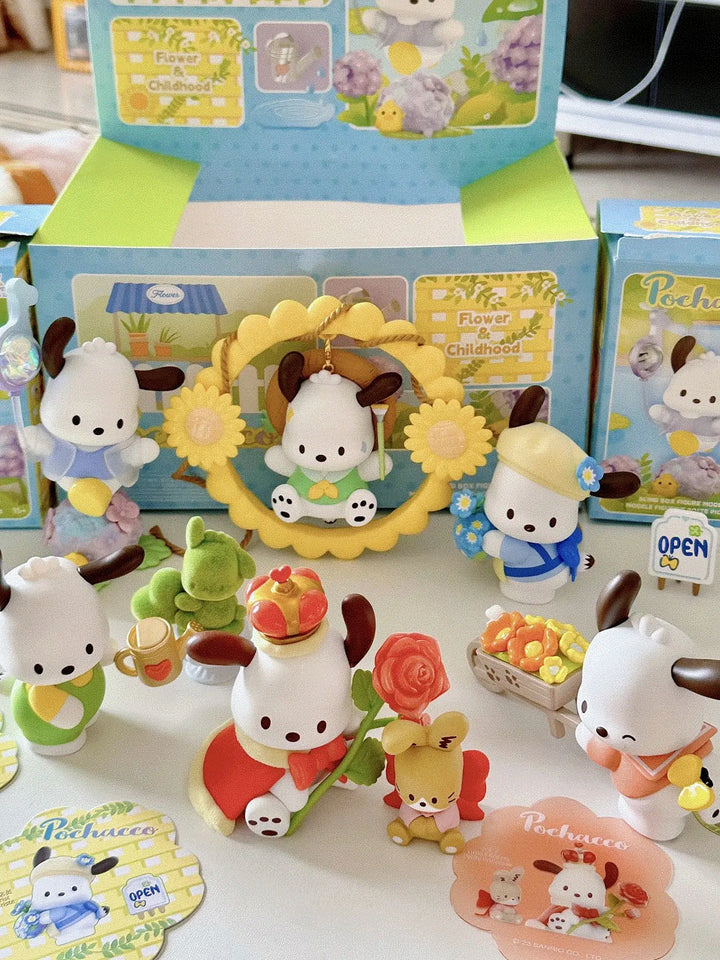 DMHTOY Sanrio Pochacco Flower & Childhood Series Blind Box Mini Figure Gift